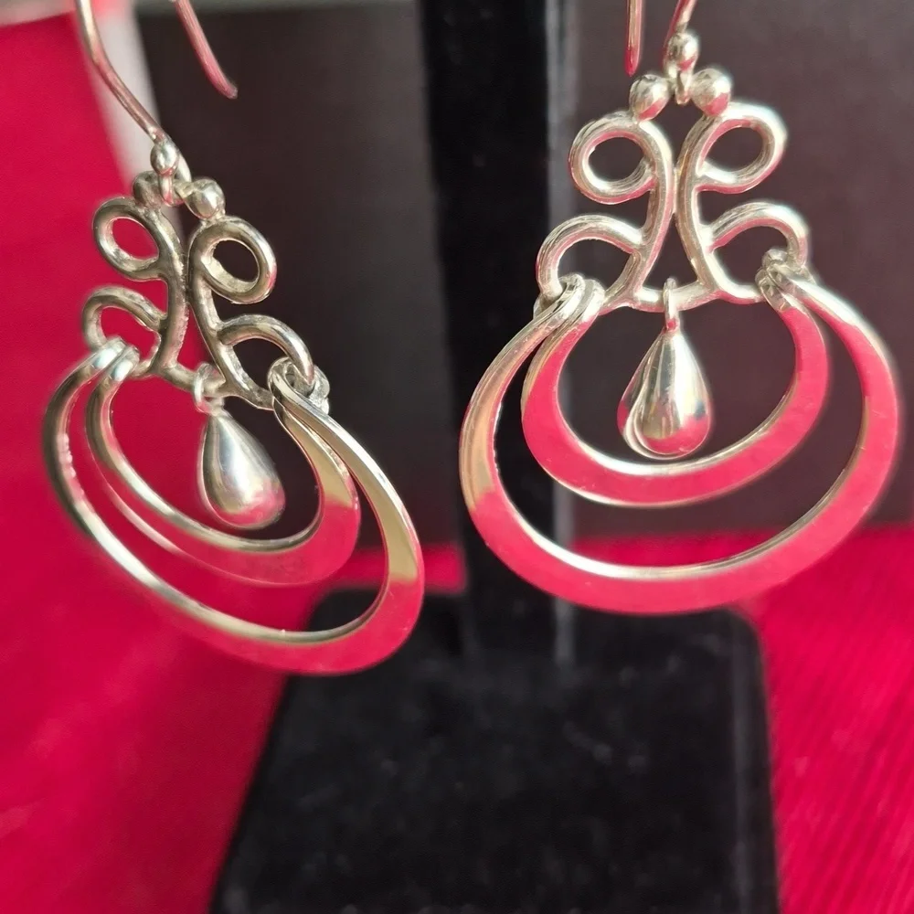 Vintage Mexico 925 Elegant Sterling Silver Dangle Earrings - Picture 2 of 6